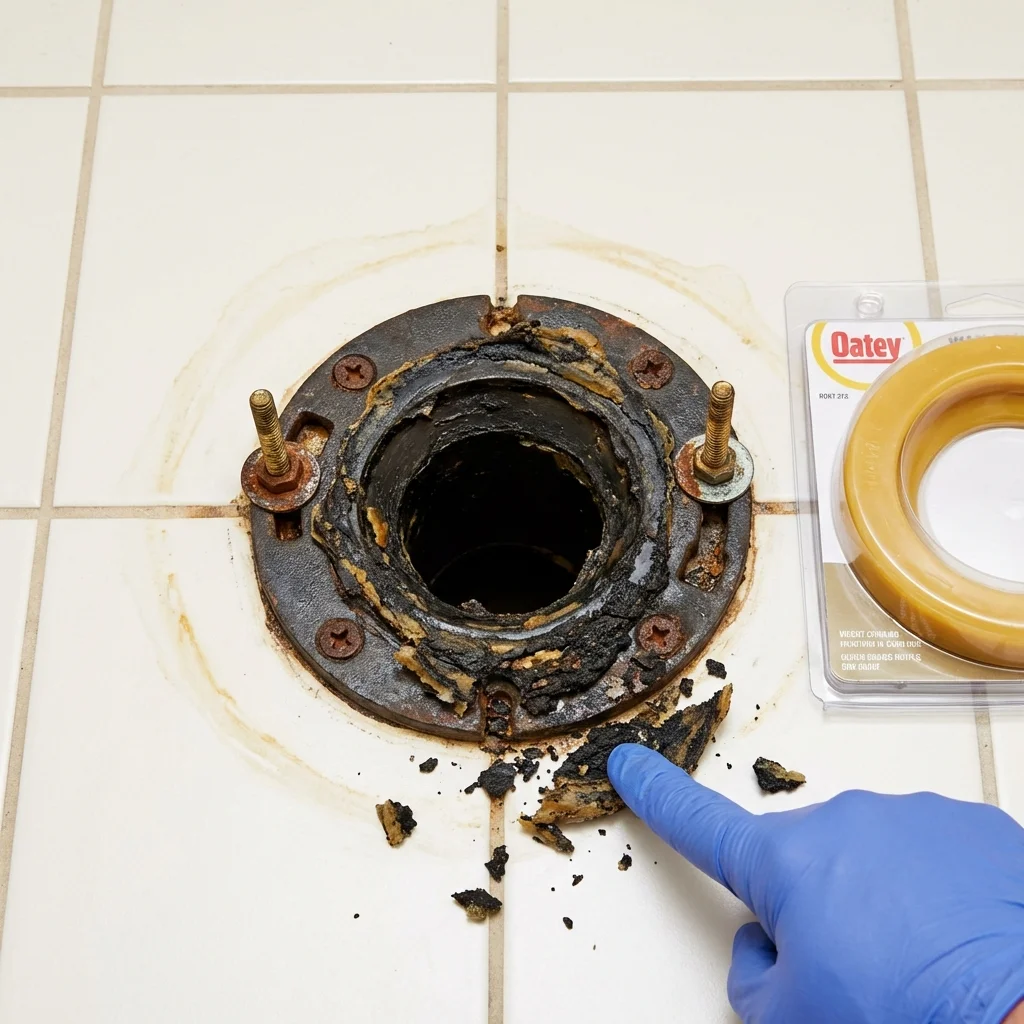 Failed wax ring showing water seepage at the base of a toilet in a Tipton, IN home