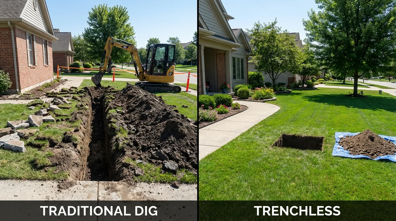 Trenchless sewer repair with minimal yard damage versus traditional excavation in Tipton, IN